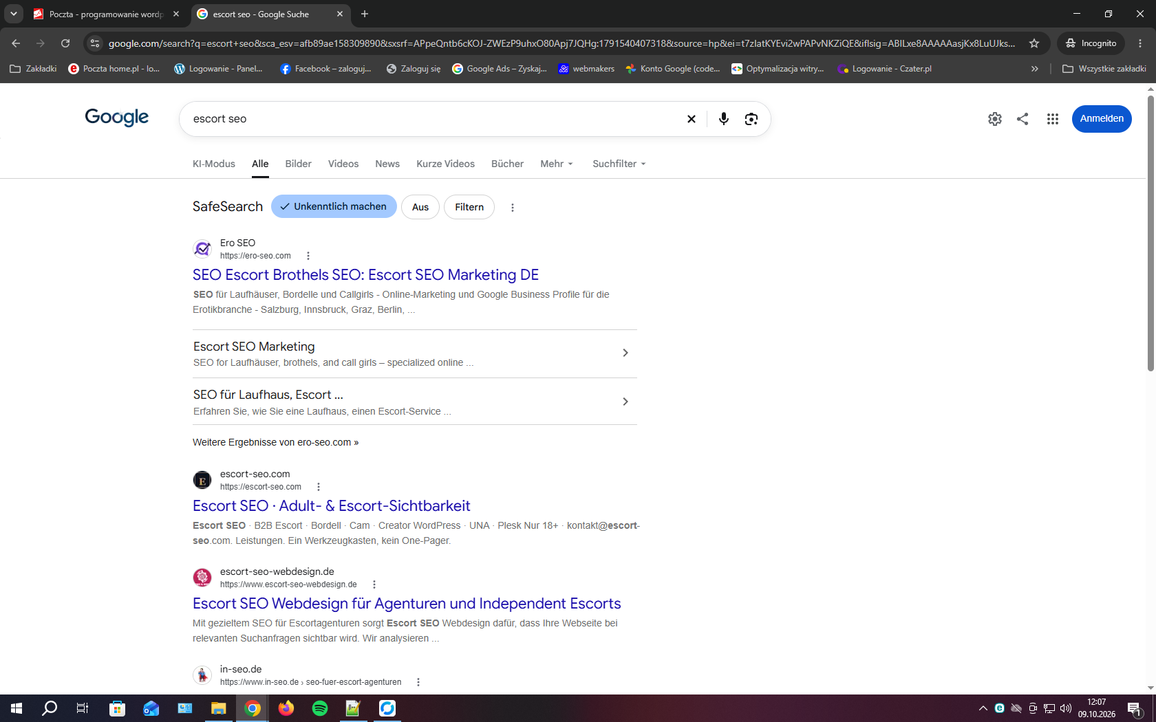 Google search for escort seo showing Ero SEO as the first organic result, 9 October 2026